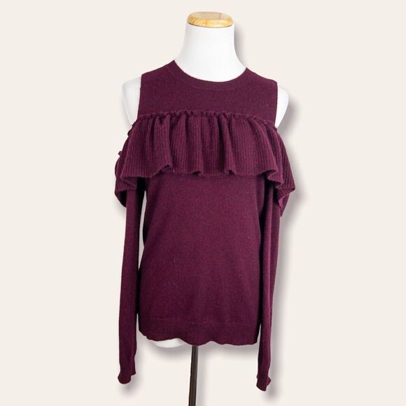 Aqua Womens Cashmere Burgundy Cold Shoulder Ruffle Sweater Size Small Knit - Picture 2 of 10